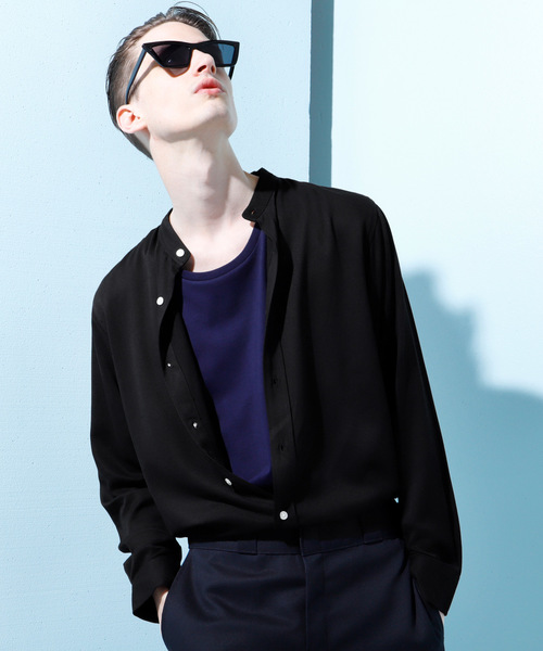 EMMA CLOTHES(エマ クローズ)の「Rayon Drape Band Collar Shirt レーヨンドレープ バンドカラーシャツ(シャツ/ブラウス)」|ブラック