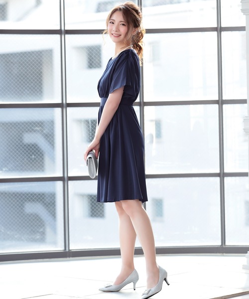 半袖ギャザーひざ丈フレアワンピースパーティードレス 結婚式 低身長  