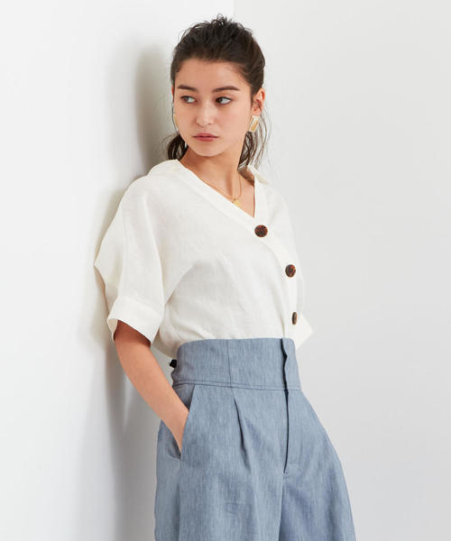 EMMEL REFINES(エメル リファインズ)の「【EMMEL REFINES】〔ハンドウォッシャブル〕SMF H/W 麻 F/B フレンチスリーブ シャツ(シャツ/ブラウス)」|オフホワイト