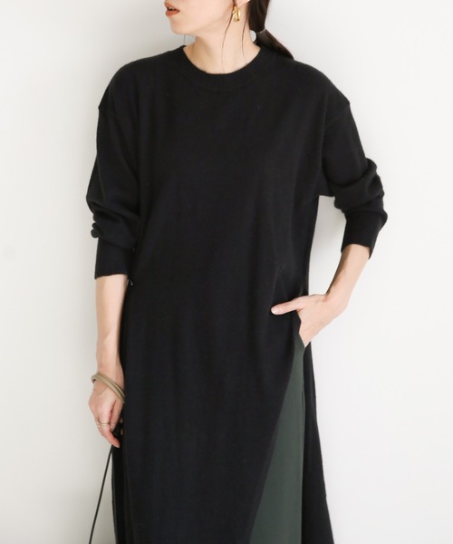 select MOCA（セレクトモカ）の「オーバースリットニットワンピース/クルーネックワンポイントボタンデザインレイヤードワンピ（ワンピース・レディース・ブラック/ブラウン/アイボリー・FREE）」の13枚目の写真