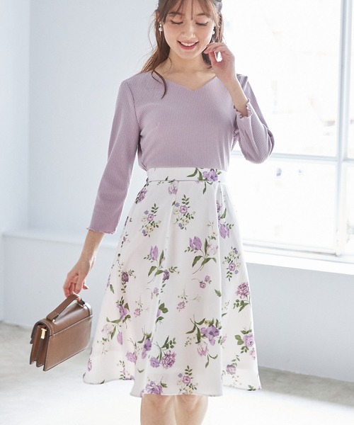 tocco closet（トッコ　クローゼット）の「リブカットソー×フラワープリントドッキングワンピース（ワンピース・レディース・ピンク/ラベンダー・M）」の2枚目の写真