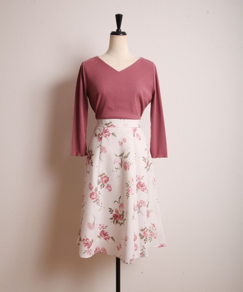 tocco closet（トッコ　クローゼット）の「リブカットソー×フラワープリントドッキングワンピース（ワンピース・レディース・ピンク/ラベンダー・M）」の9枚目の写真