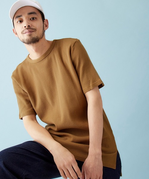 MONO-MART（モノマート）の「サーマル半袖ワッフル編みクルーネックサイドスリットカットソー（Tシャツ/カットソー・メンズ・スモークピンク/ブラウン系その他/アイボリー/キャメル/ヘザーグレー/チャコールグレー/ベージュ/カーキ/ブラック/ネイビー/ブルーグリーン/パープル系その他/ブルー系その他・XL/L/M/S）」の5枚目の写真
