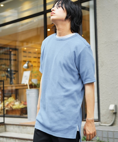 MONO-MART（モノマート）の「サーマル半袖ワッフル編みクルーネックサイドスリットカットソー（Tシャツ/カットソー・メンズ・スモークピンク/ブラウン系その他/アイボリー/キャメル/ヘザーグレー/チャコールグレー/ベージュ/カーキ/ブラック/ネイビー/ブルーグリーン/パープル系その他/ブルー系その他・XL/L/M/S）」の9枚目の写真
