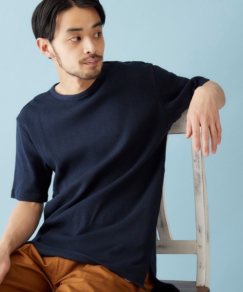 MONO-MART（モノマート）の「サーマル半袖ワッフル編みクルーネックサイドスリットカットソー（Tシャツ/カットソー・メンズ・スモークピンク/ブラウン系その他/アイボリー/キャメル/ヘザーグレー/チャコールグレー/ベージュ/カーキ/ブラック/ネイビー/ブルーグリーン/パープル系その他/ブルー系その他・XL/L/M/S）」の8枚目の写真