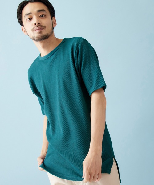 MONO-MART（モノマート）の「サーマル半袖ワッフル編みクルーネックサイドスリットカットソー（Tシャツ/カットソー・メンズ・スモークピンク/ブラウン系その他/アイボリー/キャメル/ヘザーグレー/チャコールグレー/ベージュ/カーキ/ブラック/ネイビー/ブルーグリーン/パープル系その他/ブルー系その他・XL/L/M/S）」の10枚目の写真