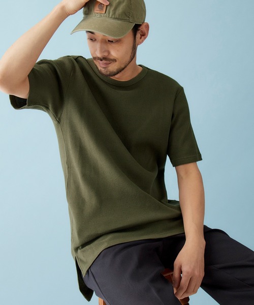MONO-MART（モノマート）の「サーマル半袖ワッフル編みクルーネックサイドスリットカットソー（Tシャツ/カットソー・メンズ・スモークピンク/ブラウン系その他/アイボリー/キャメル/ヘザーグレー/チャコールグレー/ベージュ/カーキ/ブラック/ネイビー/ブルーグリーン/パープル系その他/ブルー系その他・XL/L/M/S）」の7枚目の写真
