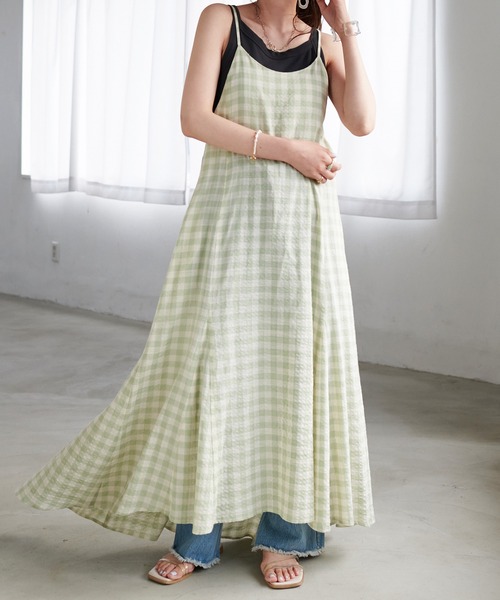 DISCOAT(ディスコート)の「ギンガムペプラムマーメードキャミワンピース(ワンピース・レディース・ブラック/ブラウン/グリーン・FREE)」の3枚目の写真