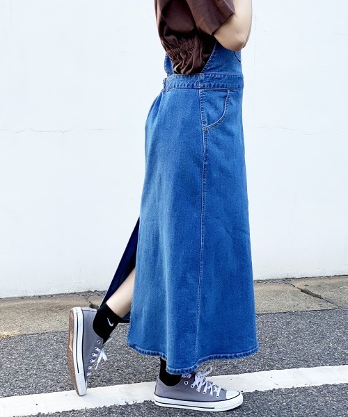 SELECT LEVERY(セレクトリベリー)の「(Emma)サロペットロングスカート(デニムスカート・レディース・ネイビー/ブルー/ベージュ/アイボリー/ブラック/グリーン・MEDIUM/LARGE)」の7枚目の写真