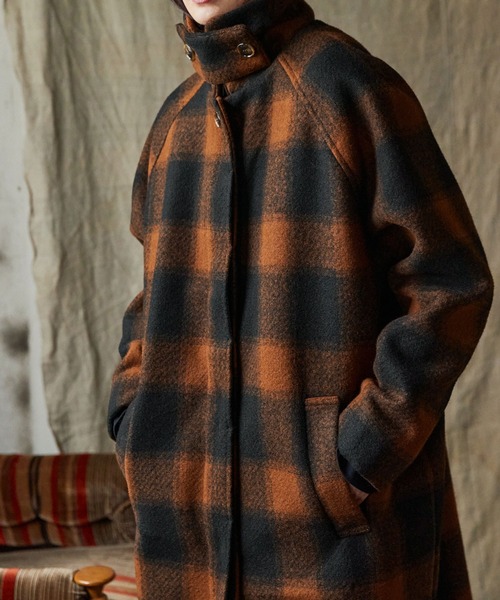 Keeepy(キーピー)の「【Keeepy】plaid 2way soutien collar coat(ステンカラーコート・レディース・オフホワイト/オレンジ・FREE)」の2枚目の写真