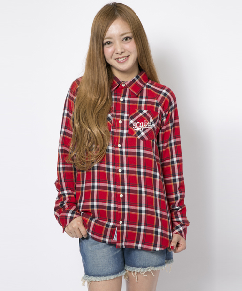 X-girl(エックスガール)の「【Smart4月号掲載】GAUZE PLAID RAGLAN SHIRT(シャツ/ブラウス・レディース・レッド/オレンジ/ライトブルー・1/2)」の1枚目の写真