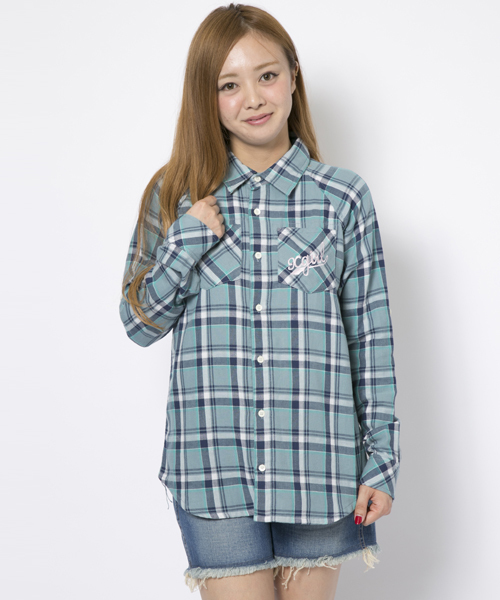 X-girl(エックスガール)の「【Smart4月号掲載】GAUZE PLAID RAGLAN SHIRT(シャツ/ブラウス・レディース・レッド/オレンジ/ライトブルー・1/2)」の2枚目の写真
