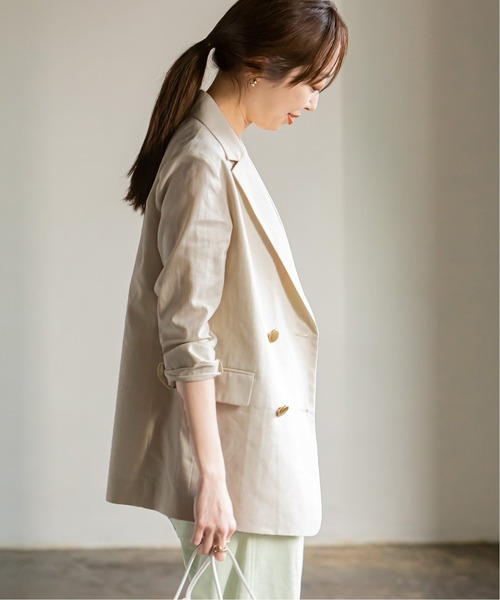 麻ストレッチダブルブレストジャケット◆