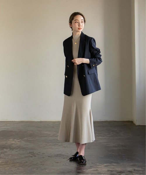 麻ストレッチダブルブレストジャケット◆