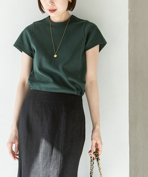 Noble（ノーブル）の「《追加5》スビンコットンスムースコンパクトTシャツ（Tシャツ/カットソー・レディース・グリーン/ホワイト/ブラック/ライトグレー・FREE）」の4枚目の写真