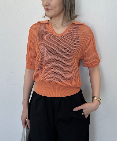 FOREVER 21（フォーエバー トゥエンティーワン）の「キーネックメッシュニットポロ（ニット/セーター・レディース・ホワイト/オレンジ系その他5/グレー系その他7・FREE）」の3枚目の写真