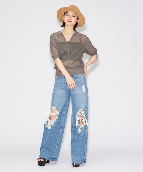 FOREVER 21（フォーエバー トゥエンティーワン）の「キーネックメッシュニットポロ（ニット/セーター・レディース・ホワイト/オレンジ系その他5/グレー系その他7・FREE）」の11枚目の写真