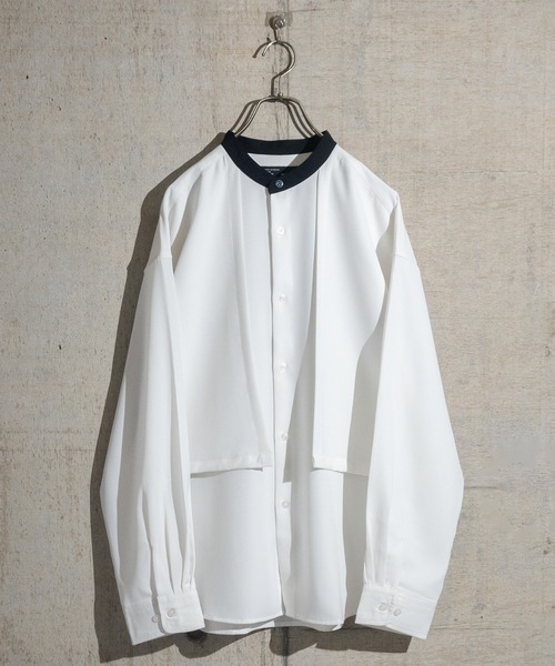 JOHN'S CLOSET（ジョンズクローゼット）の「【a】ナチュラルストレッチ クレリックバンドカラー レイヤード ルーズサイズ長袖シャツ（シャツ/ブラウス・メンズ・ブラック/ホワイト/グレイッシュベージュ・LARGE/MEDIUM/X-LARGE）」の2枚目の写真
