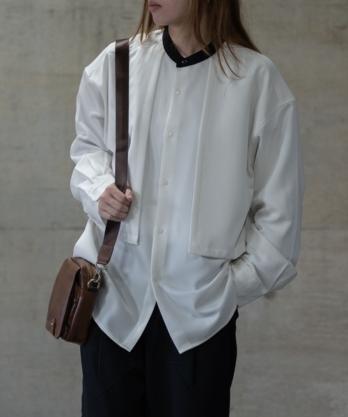 JOHN'S CLOSET（ジョンズクローゼット）の「【a】ナチュラルストレッチ クレリックバンドカラー レイヤード ルーズサイズ長袖シャツ（シャツ/ブラウス・メンズ・ブラック/ホワイト/グレイッシュベージュ・LARGE/MEDIUM/X-LARGE）」の10枚目の写真