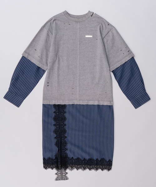 PRANK PROJECT(プランクプロジェクト)の「ダメージTレイヤードシャツワンピ / Damaged Tee Layered Shirt One Piece(シャツワンピース・レディース・ライトグレー/チャコールグレー/レッド・FREE)」の12枚目の写真