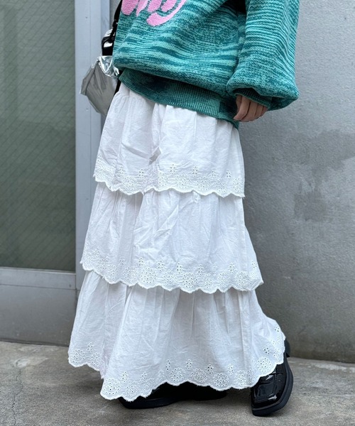 CIAOPANIC（チャオパニック）の「INDIAスカラップレースティアードスカート（スカート・レディース・ブラック/ライム/オフホワイト・FREE）」の2枚目の写真