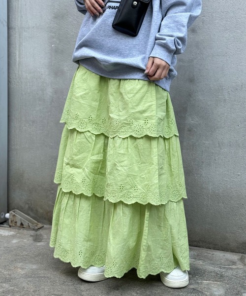 CIAOPANIC（チャオパニック）の「INDIAスカラップレースティアードスカート（スカート・レディース・ブラック/ライム/オフホワイト・FREE）」の3枚目の写真