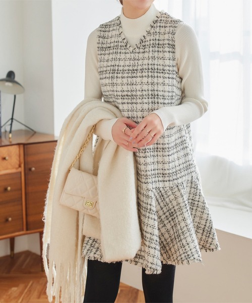 KOBE LETTUCE（コウベレタス）の「ツイードジャンスカ（ジャンパースカート・レディース・ブラック/ブラウン/オフホワイト・M）」の13枚目の写真