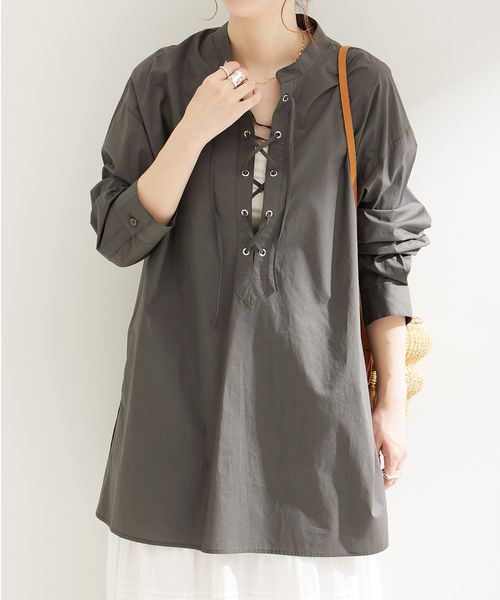 50's Vintage レースアップシャツ　ブラック　L セール】レースアップブラウス（シャツ/ブラウス）｜B.C STOCK