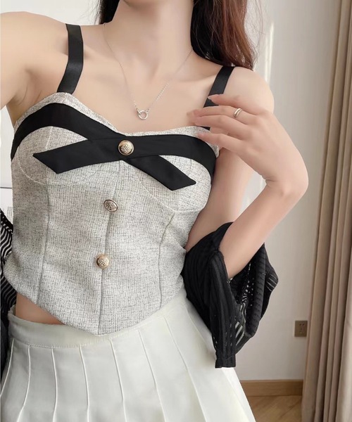 Lace Ladies(レースレディース)の「クロステープ ボタン付き ツイード カップ付き ビスチェ(キャミソール・レディース・グレー/ホワイト・FREE)」の6枚目の写真