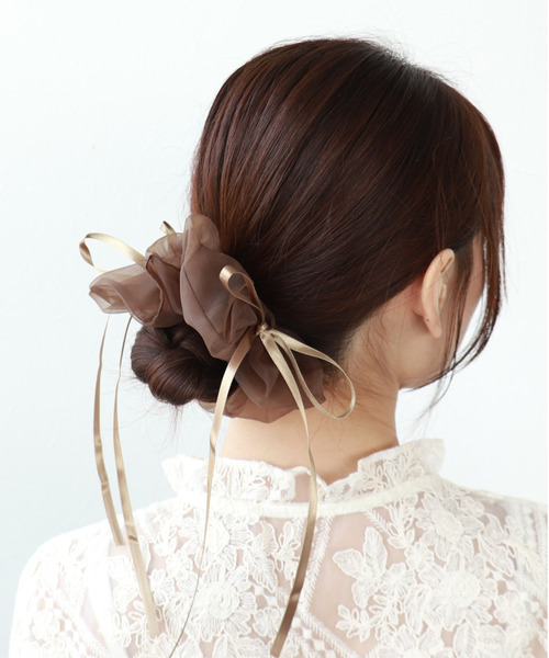 Three Four Time（ｽﾘｰﾌｫｰﾀｲﾑ）の「ダブルリボンシフォンシュシュ【結婚式/パーティ/フォーマル/デイリー】（シュシュ・レディース・ブラウン/ピンク/ブラック・FREE）」の8枚目の写真