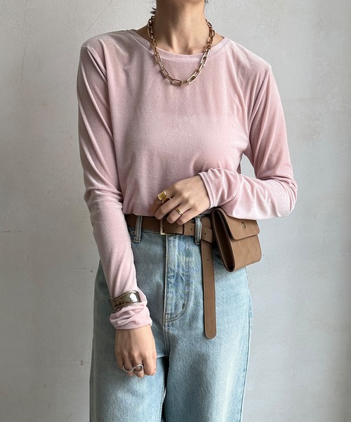 DouDou（ドゥドゥ）の「シアーベロアTEE（Tシャツ/カットソー・レディース・ピンク/オフホワイト/グレイッシュベージュ/ブラウン・FREE）」の19枚目の写真