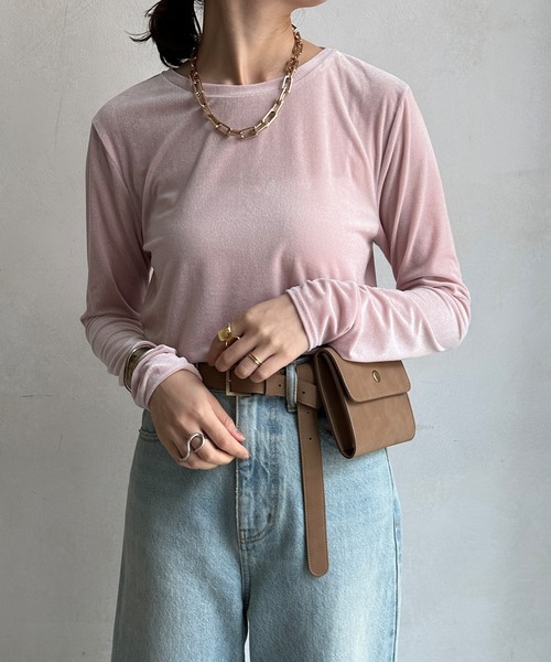DouDou（ドゥドゥ）の「シアーベロアTEE（Tシャツ/カットソー・レディース・ピンク/オフホワイト/グレイッシュベージュ/ブラウン・FREE）」の20枚目の写真