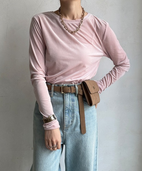 DouDou（ドゥドゥ）の「シアーベロアTEE（Tシャツ/カットソー・レディース・ピンク/オフホワイト/グレイッシュベージュ/ブラウン・FREE）」の21枚目の写真