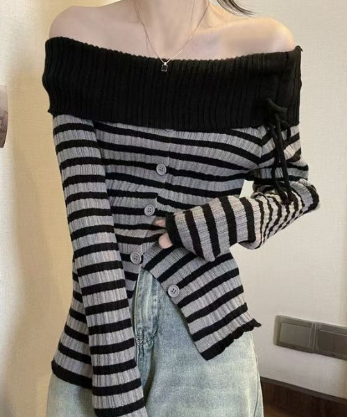 AsheKsha(アシクシャ)の「オフショルダーストライブトップス(Tシャツ/カットソー・レディース・グレー/ブラック/モカ・F)」の8枚目の写真