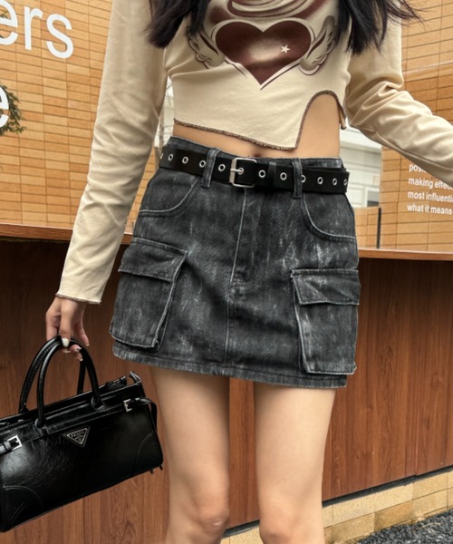 セール】ベルト付きダメージ加工ミニスカート（デニムスカート