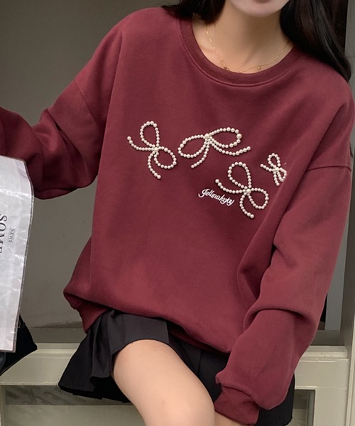 AsRiRe(アスリレイ)の「パールリボンデザイン 前刺繍スウェット(スウェット・レディース・ネイビー/レッド/ネイビー系/ライトグレー・M)」の4枚目の写真