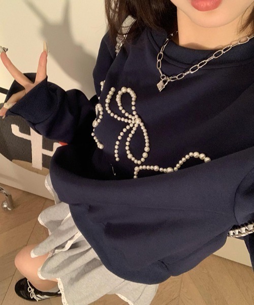 AsRiRe(アスリレイ)の「パールリボンデザイン 前刺繍スウェット(スウェット・レディース・ネイビー/レッド/ネイビー系/ライトグレー・M)」の7枚目の写真