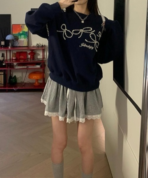 AsRiRe(アスリレイ)の「パールリボンデザイン 前刺繍スウェット(スウェット・レディース・ネイビー/レッド/ネイビー系/ライトグレー・M)」の15枚目の写真