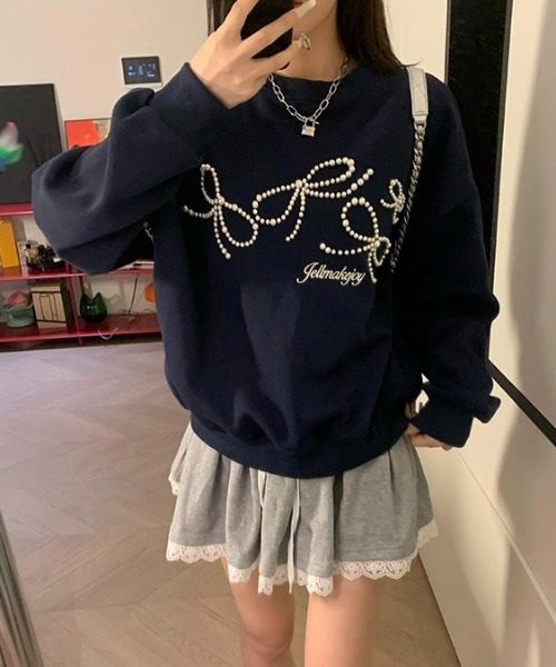 AsRiRe(アスリレイ)の「パールリボンデザイン 前刺繍スウェット(スウェット・レディース・ネイビー/レッド/ネイビー系/ライトグレー・M)」の16枚目の写真