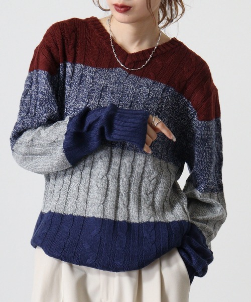 ケーブル編みVネックセーター Perfect Suit FActory セーター ニット ケーブル編み Vネック