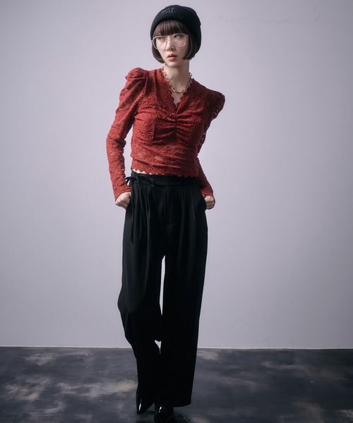 SEN TOKYO(セントーキョー)の「レースVネック スカラップデザイン シアートップス(Tシャツ/カットソー・レディース・ホワイト/ブラウン/レッド/ブラック・FREE)」の14枚目の写真