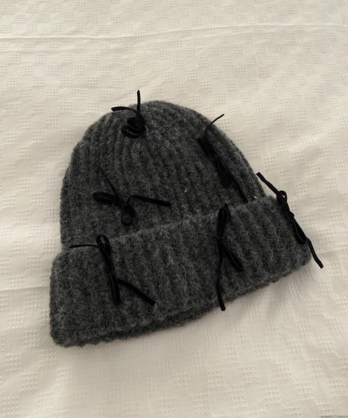 ★送料・関税込★efor★Pearl Ribbon Beanie★BLACK★ セール】pur chouchou/リボン付きニット帽 P4387（ニット