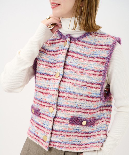 Simplicite（サンプリシテ）の「《追加》フロントボタンツイード調ベスト（ニット/セーター・レディース・ピンク/ネイビー・FREE）」の2枚目の写真
