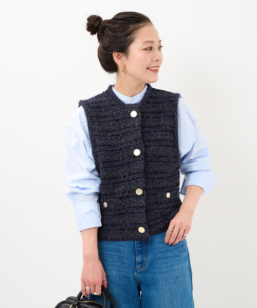 Simplicite（サンプリシテ）の「《追加》フロントボタンツイード調ベスト（ニット/セーター・レディース・ピンク/ネイビー・FREE）」の8枚目の写真