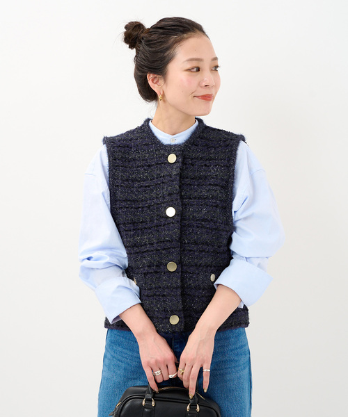 Simplicite（サンプリシテ）の「《追加》フロントボタンツイード調ベスト（ニット/セーター・レディース・ピンク/ネイビー・FREE）」の9枚目の写真