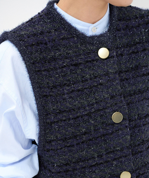 Simplicite（サンプリシテ）の「《追加》フロントボタンツイード調ベスト（ニット/セーター・レディース・ピンク/ネイビー・FREE）」の12枚目の写真