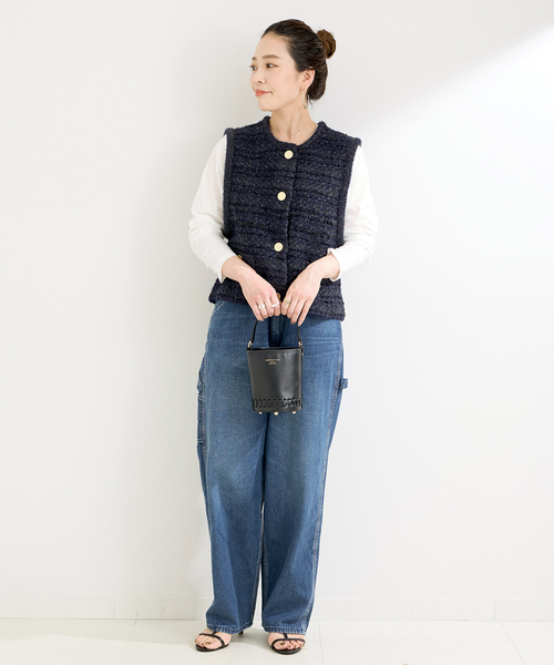 Simplicite（サンプリシテ）の「《追加》フロントボタンツイード調ベスト（ニット/セーター・レディース・ピンク/ネイビー・FREE）」の13枚目の写真