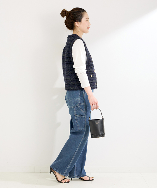 Simplicite（サンプリシテ）の「《追加》フロントボタンツイード調ベスト（ニット/セーター・レディース・ピンク/ネイビー・FREE）」の15枚目の写真