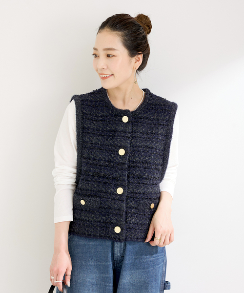 Simplicite（サンプリシテ）の「《追加》フロントボタンツイード調ベスト（ニット/セーター・レディース・ピンク/ネイビー・FREE）」の17枚目の写真