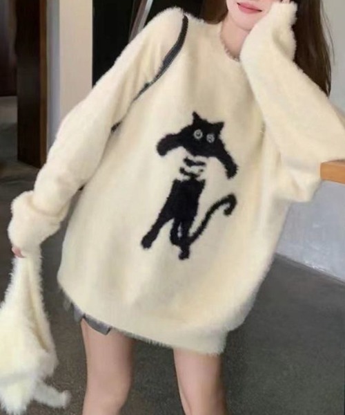 ラウンドネックヴィンテージキャットセーター